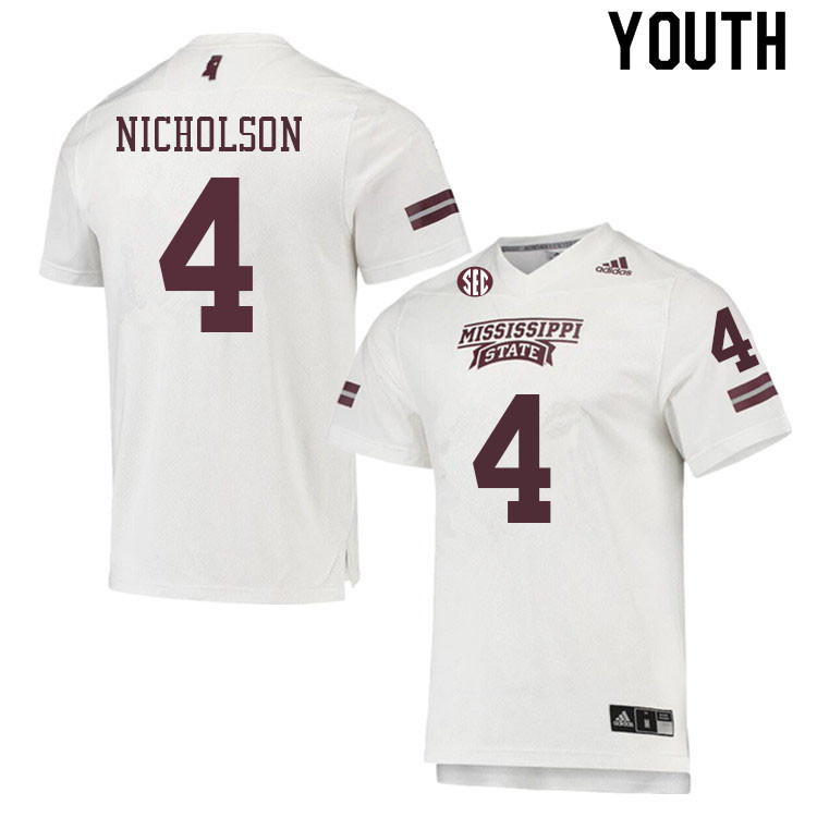 Youth #4 DeCarlos Nicholson Mississippi State Bulldogs College Football Jerseys Sale-White
